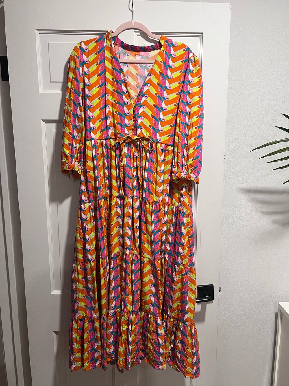V-Neck Tiered Midi Dress in Orange & Pink